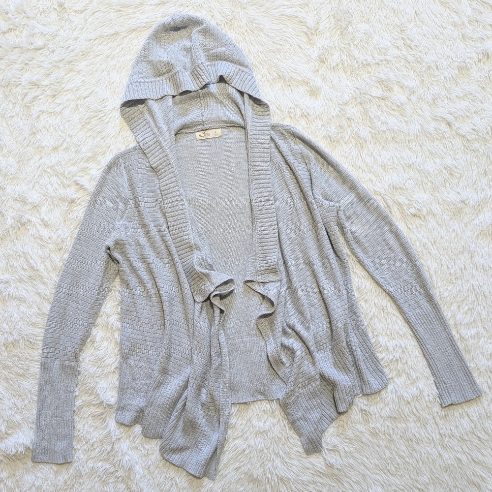 Hollister Grey Hooded Waterfall Knit Asymmetrical Cardigan Sweater Size Small